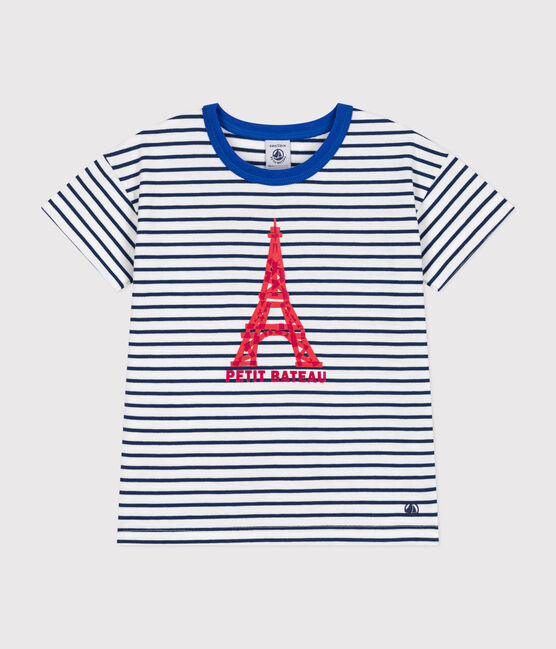 Tee-shirt manches courtes en jersey enfant blanc MARSHMALLOW/bleu MEDIEVAL
