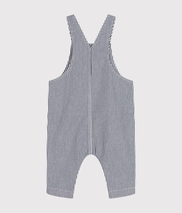 Salopette longue en toile b&eacute;b&eacute; bleu/blanc
