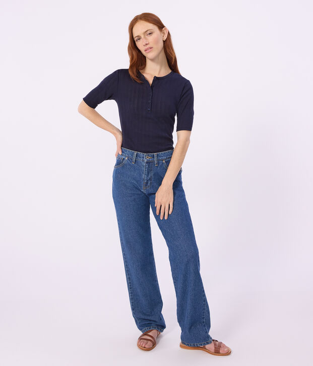 Tee-shirt femme en coton manches courtes uni bleu marine