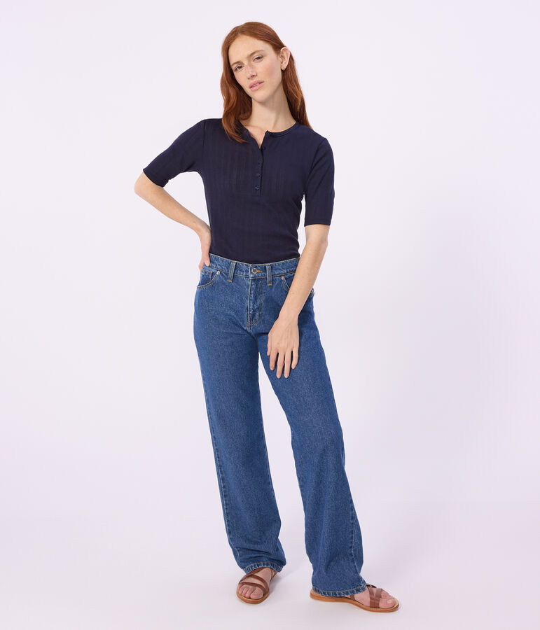 Dames-T-shirt van effen katoen met korte mouwen blauw