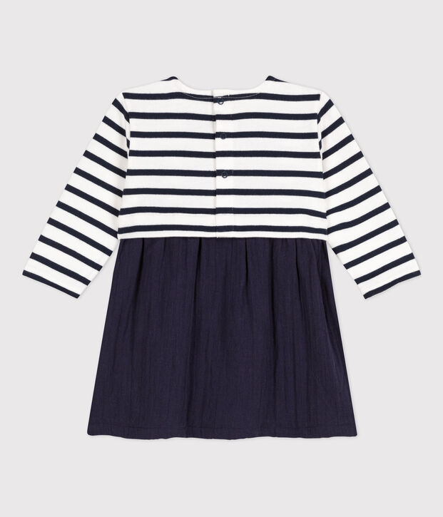 Jurk met lange mouwen van twee materialen voor baby's blauw/wit