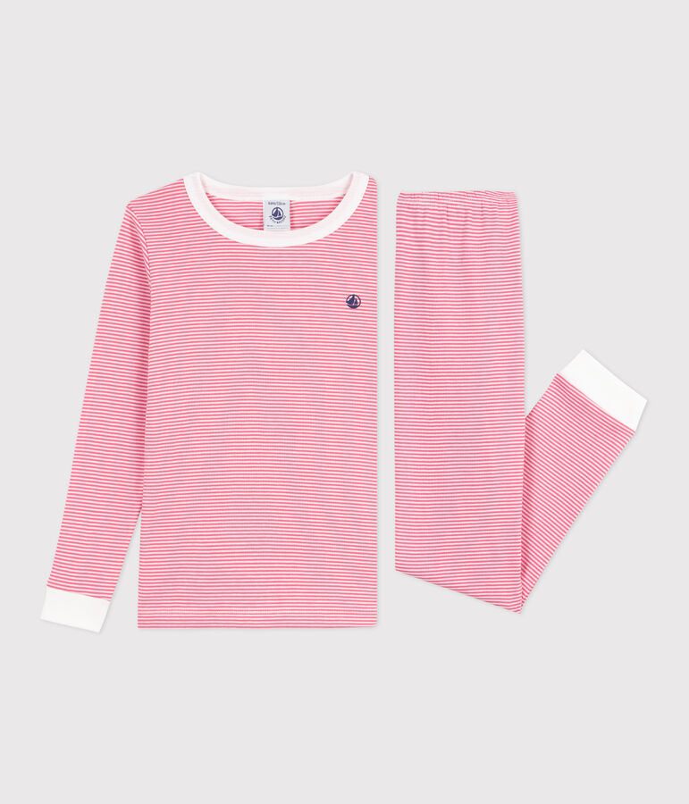Pyjama enfant en coton tr&egrave;s ajust&eacute; &agrave; rayures rose/blanc