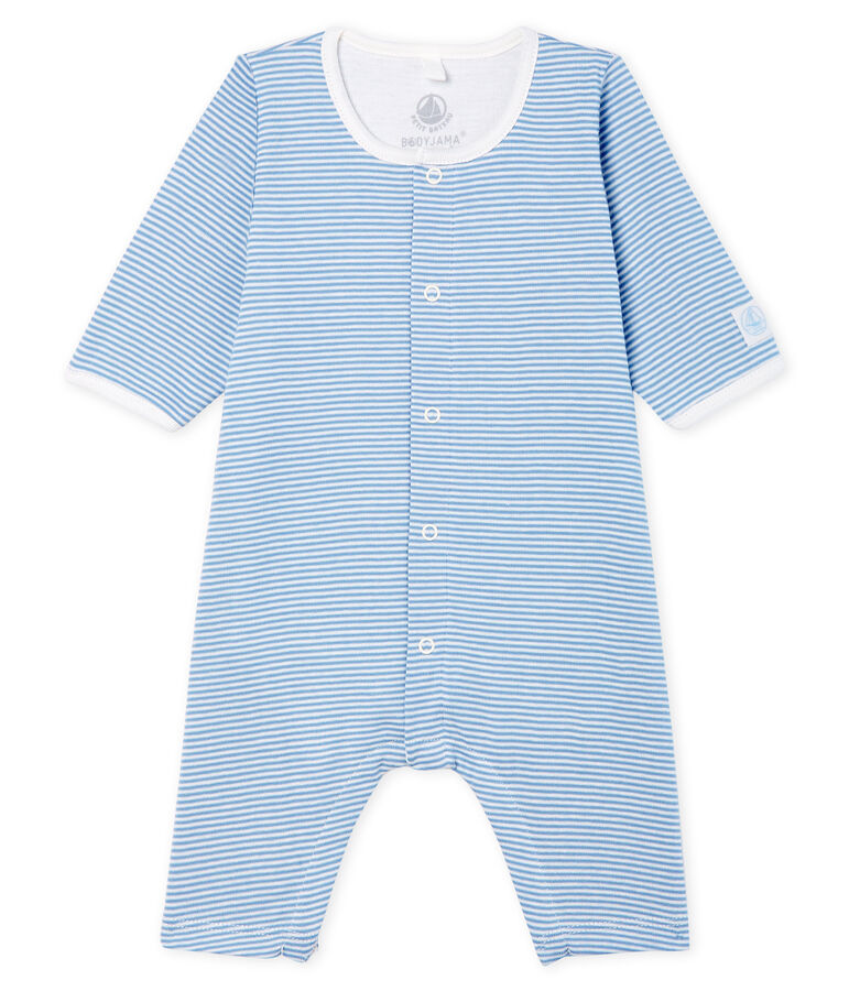 Bodyjama zonder voetjes babymeisje van gebreide stof blauw ACIER/wit MARSHMALLOW