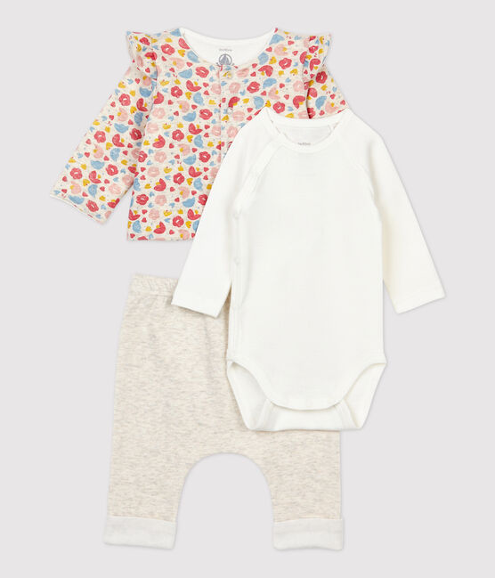 Ensemble 3 pièces imprimé fleurs bébé fille en laine et coton biologique beige MONTELIMAR/blanc MULTICO