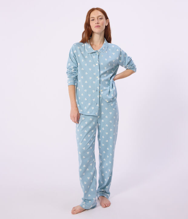 Pyjama boutonn&eacute; femme en coton imprim&eacute; vert/blanc