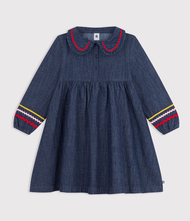 Robe enfant en denim manches longue unie bleu