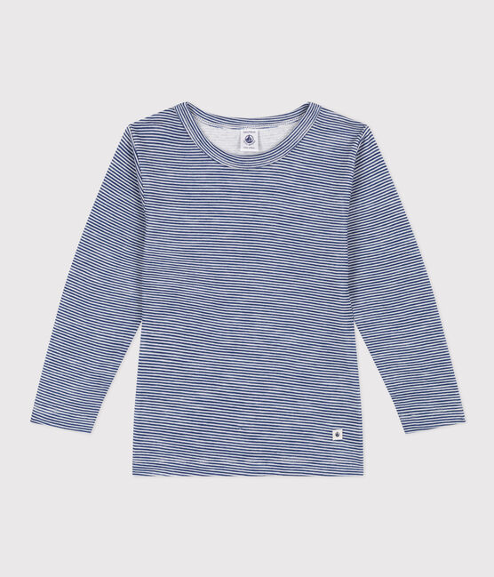 Gestreept T-shirt met lange mouw van wol en katoen voor kinderen blauw MEDIEVAL/wit MARSHMALLOW