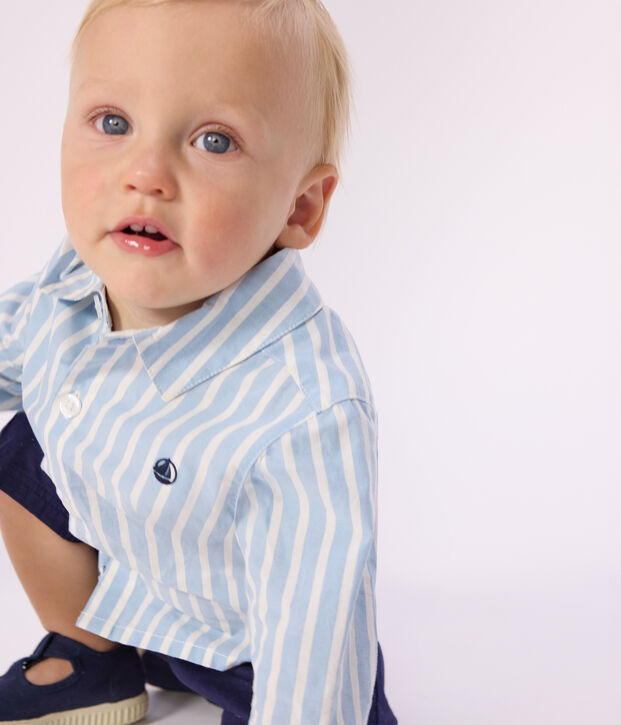Gestreept katoenen babyhemdje met lange mouwen blauw/wit