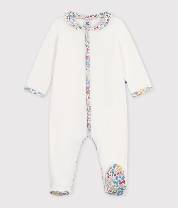 Pyjama b&eacute;b&eacute; en velours uni avec col, d&eacute;tail imprim&eacute; &agrave; fleurs blanc