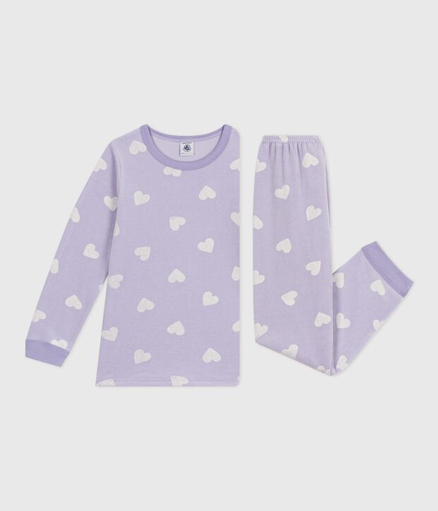 Fluwelen kinderpyjama met hartjesprint purper/wit