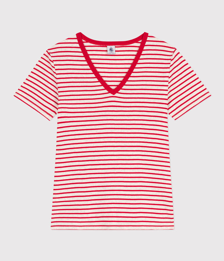 Tee-shirt L'ICONIQUE col V en coton Femme beige/rouge