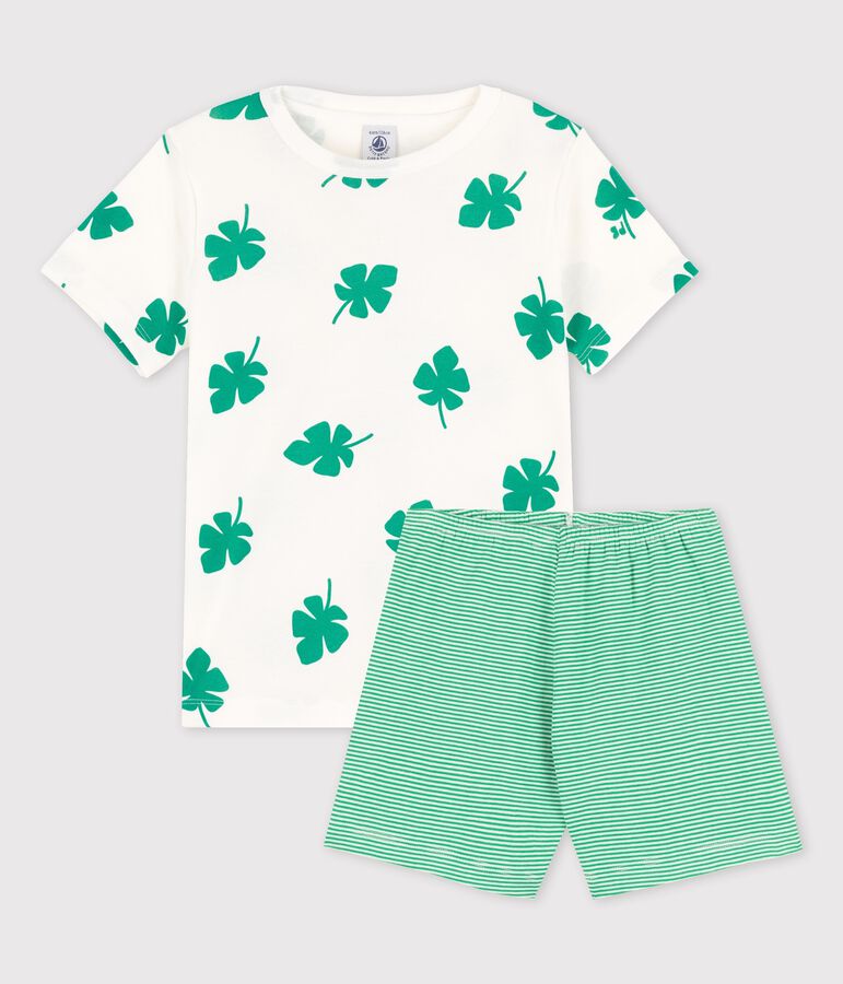Korte jongenspyjama met palmboommotief in biokatoen wit/groen