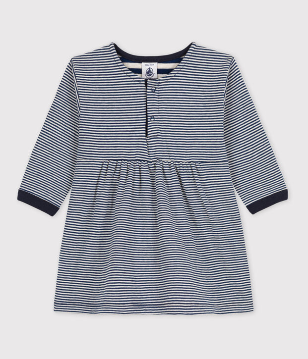 Robe manches longues ray&eacute;e milleraies b&eacute;b&eacute; en tubique bleu/beige