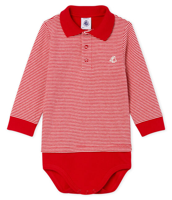 Polobody met milleraies streep babyjongen rood TERKUIT/wit MARSHMALLOW