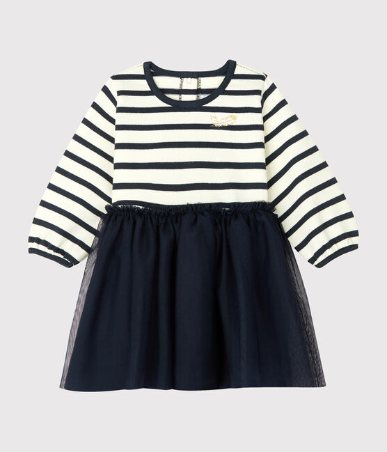 Robe manches longues bi-matière bébé fille beige COQUILLE/bleu SMOKING