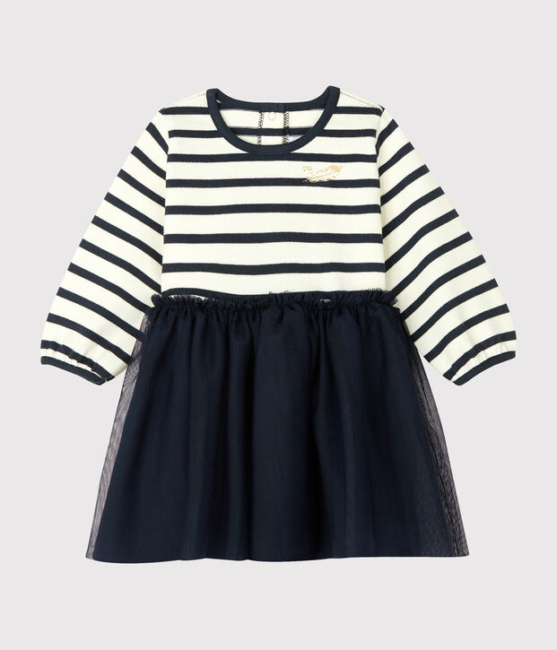 Robe manches longues bi-mati&egrave;re b&eacute;b&eacute; fille blanc/bleu