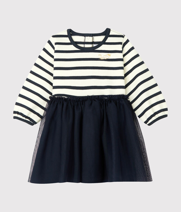 Robe manches longues bi-mati&egrave;re b&eacute;b&eacute; fille blanc/bleu