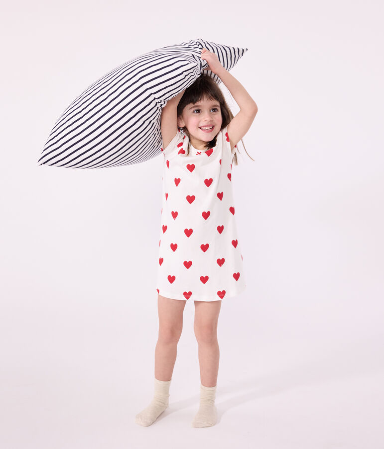 Chemise de nuit coeur petite fille en coton blanc/rouge
