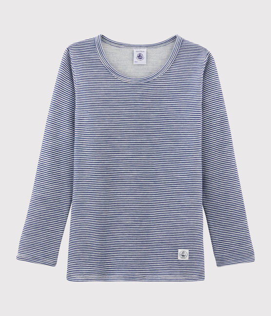 Tee-shirt manches longues milleraies petite fille/petit garçon  en laine et coton bleu MEDIEVAL/blanc MARSHMALLOW