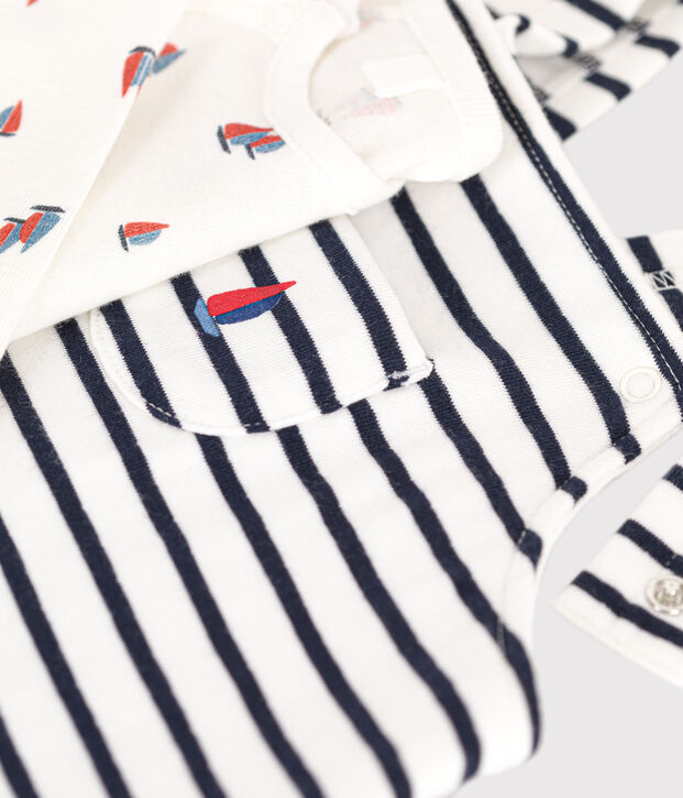 Ensemble salopette et body en coton b&eacute;b&eacute; blanc/bleu
