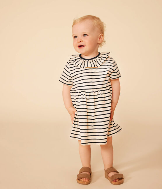 Gestreepte jurk met korte mouwen van gevlamde jerseystof voor baby's wit AVALANCHE/blauw SMOKING