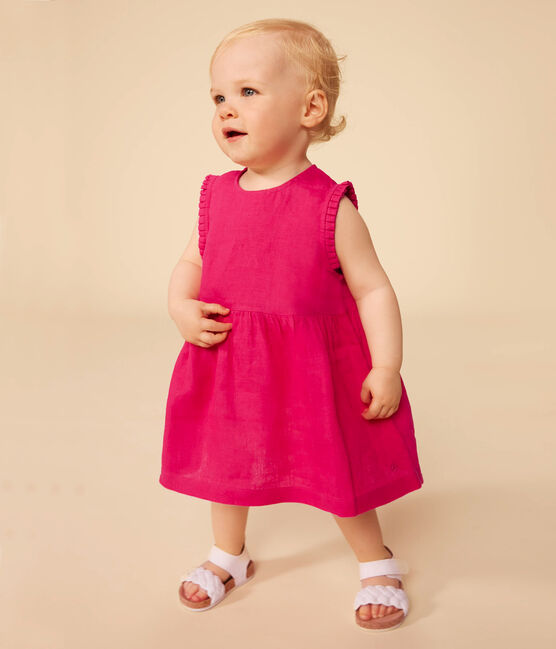 Mouwloos babyjurkje van linnen roze DELHI