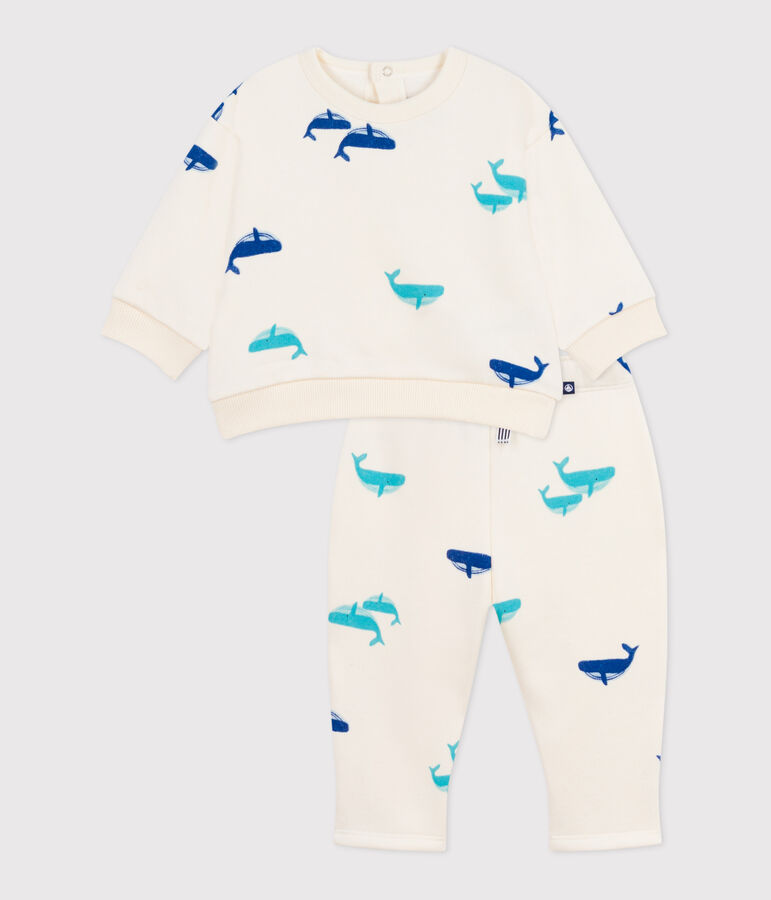 Ensemble sweatshirt et pantalon b&eacute;b&eacute; en coton imprim&eacute; baleine &eacute;cru/multicouleur