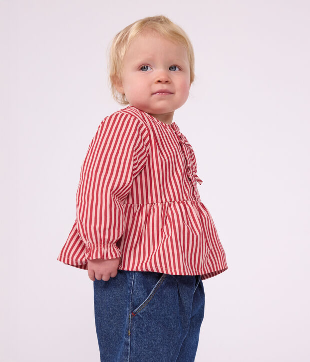 Blouse b&eacute;b&eacute; en coton manches longues &agrave; rayures rose/rose