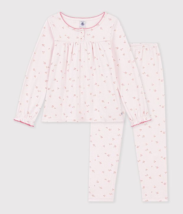 Pyjama enfant en coton &agrave; fronces &agrave; fleurs rose/multicouleur