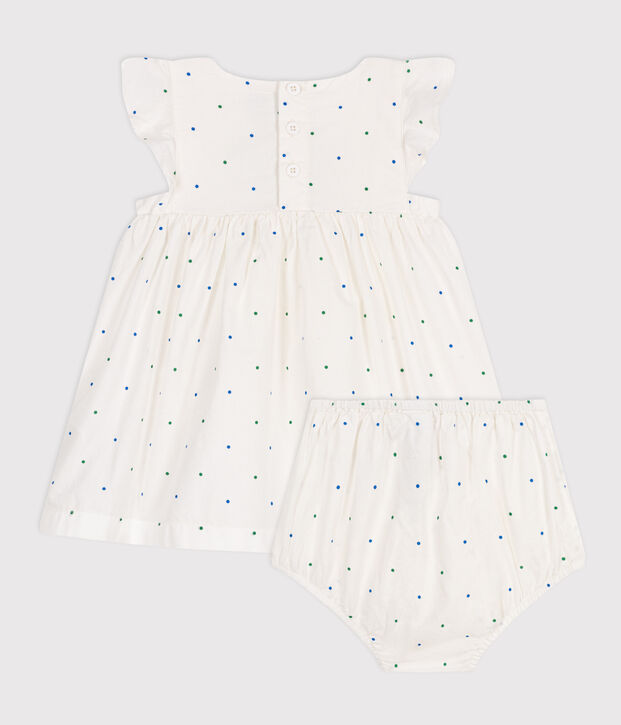 Witte katoenen babyjurk met bloomer in stippenprint wit/multicouleur