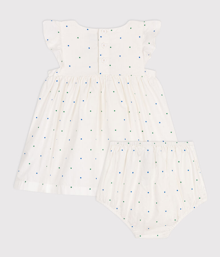 Witte katoenen babyjurk met bloomer in stippenprint wit/multicouleur