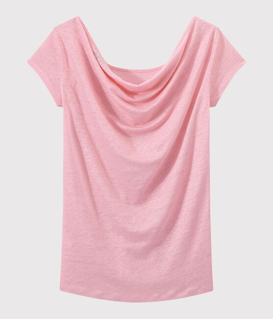 Linnen dames-T-shirt met wijde ruguitsnijding en iriserend effect roze BABYLONE/grijs ARGENT