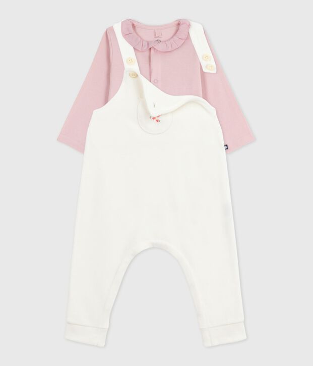 Effen katoenen babysetje met salopette, verfraaid met verfijnde details ecru/roze