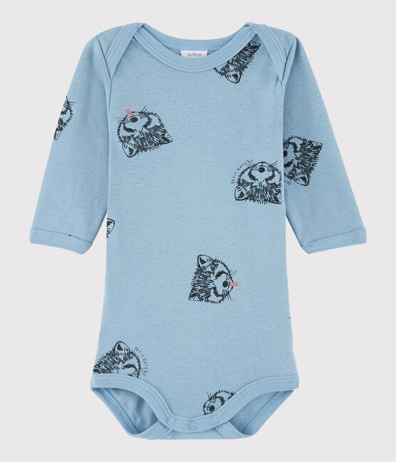 Rompertje met lange mouwen babymeisje - babyjongen blauw ACIER/wit MULTICO