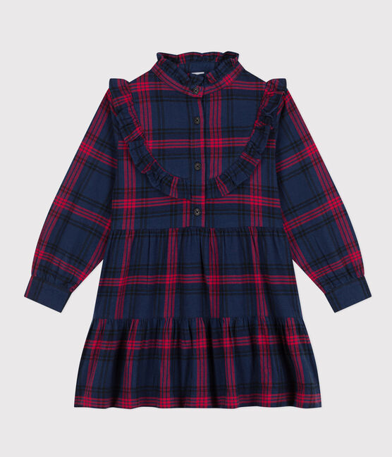 Geruite katoenen flanellen meisjesjurk met lange mouwen blauw SMOKING/wit MULTICO