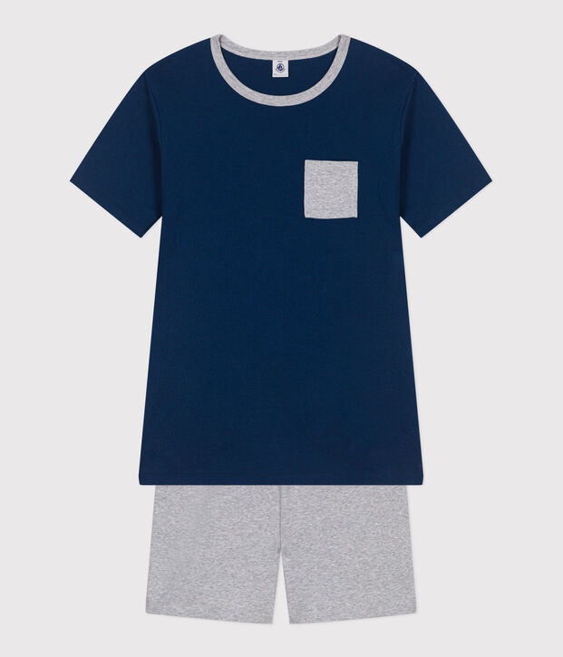 Pyjama short enfant en coton uni bleu/gris