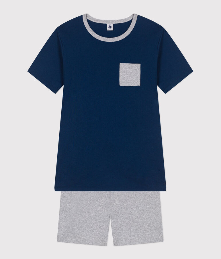 Pyjama short enfant en coton uni bleu/gris
