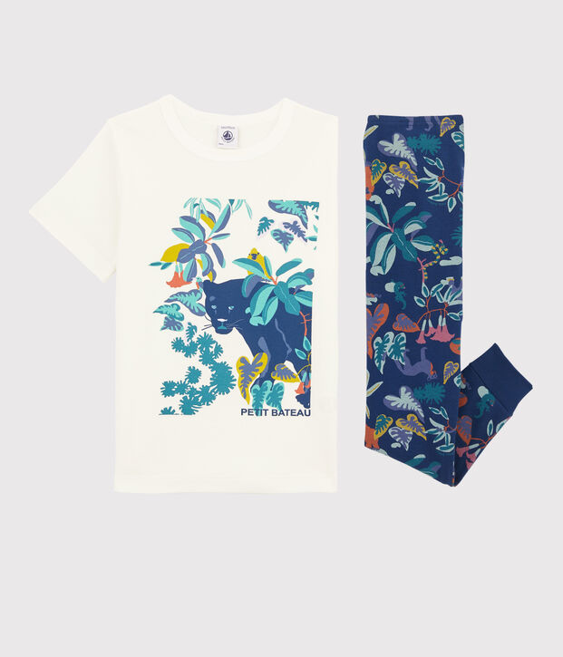 Jongenspyjama van ribtricot met jungleprint blauw/multicouleur