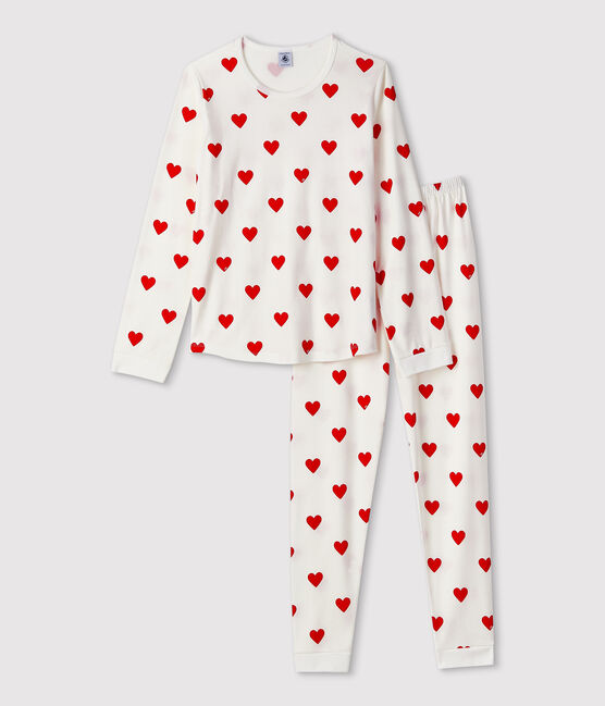 Pyjama enfant imprimé cœurs en côte blanc MARSHMALLOW/rouge TERKUIT