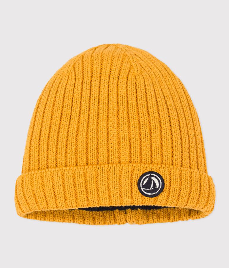 Bonnet b&eacute;b&eacute; en tricot doubl&eacute; en polaire jaune