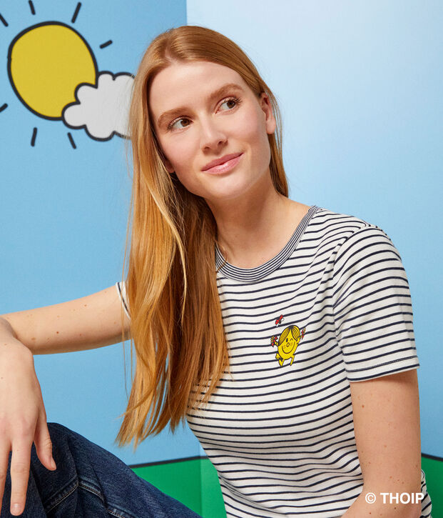 L'Iconique, katoenen T-shirt voor dames met Monsieur Madame-motiefje wit/blauw