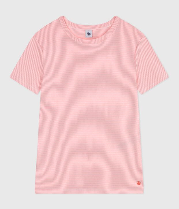 Dames-T-shirt van gestreept katoen met korte mouwen roze/wit