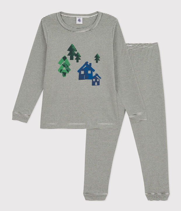 Pyjama ray&eacute; en coton enfant vert/blanc