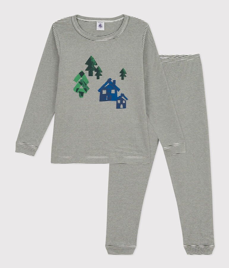 Pyjama ray&eacute; en coton enfant vert/blanc