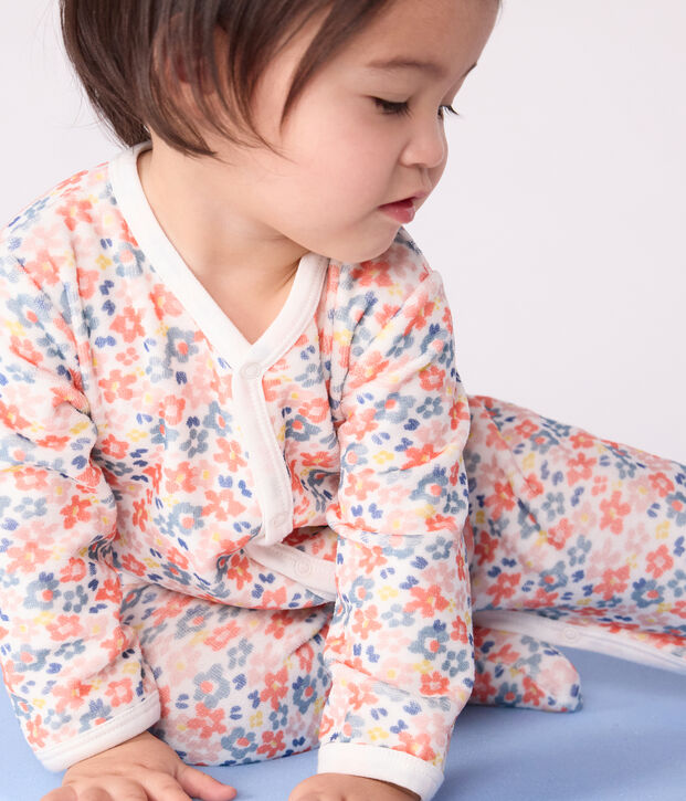 Pyjama b&eacute;b&eacute; en velours imprim&eacute; fleuri blanc/multicouleur