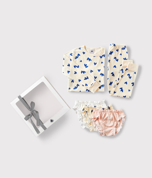 Coffret cadeau pyjama et culottes imprim&eacute; c&oelig;urs bleus en coton multicouleur
