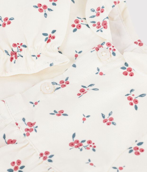 Korte babyromper van fijn fluweel met een kraagje met bosbessenprint. ecru/multicouleur