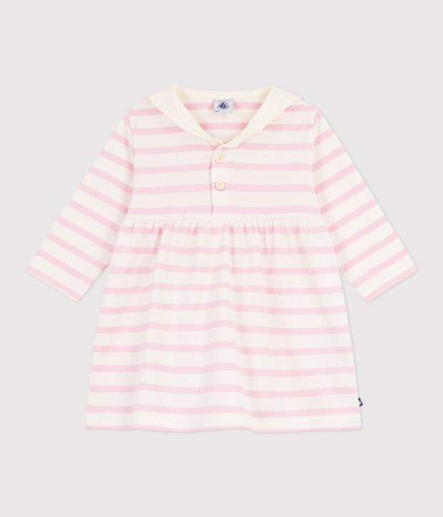 Katoenen babyjurk met lange mouwen en matrozenkraagje roze/roze