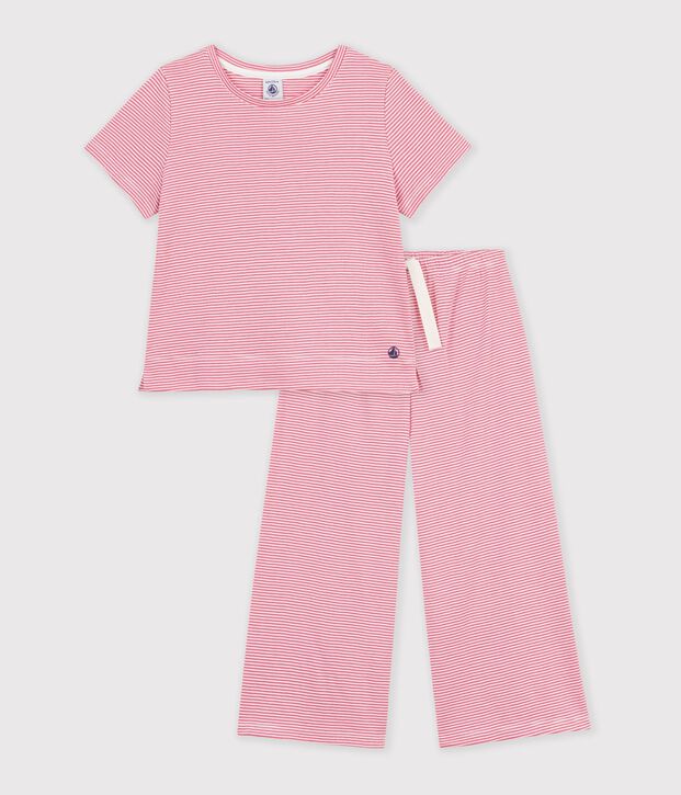 Pyjama enfant en coton jambes larges &agrave; rayures rose/blanc