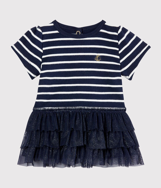 Robe rayure marinière et tulle bébé fille bleu SMOKING/beige COQUILLE